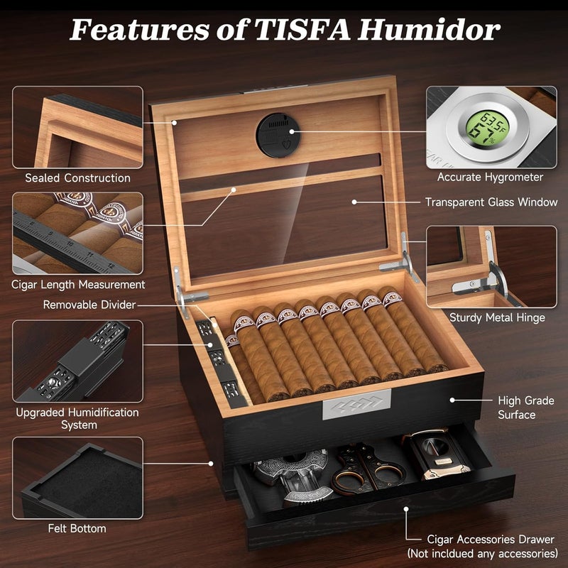 TISFA Cigar Humidor, Cedar Wood Desktop Humidor Box with Digital Hygrometer, Adjustable Humidifier, Accessory Drawer, Divider, Cigar Length Measurement, Glass Top Storage Holder Cigar Case (Black) - Image 3